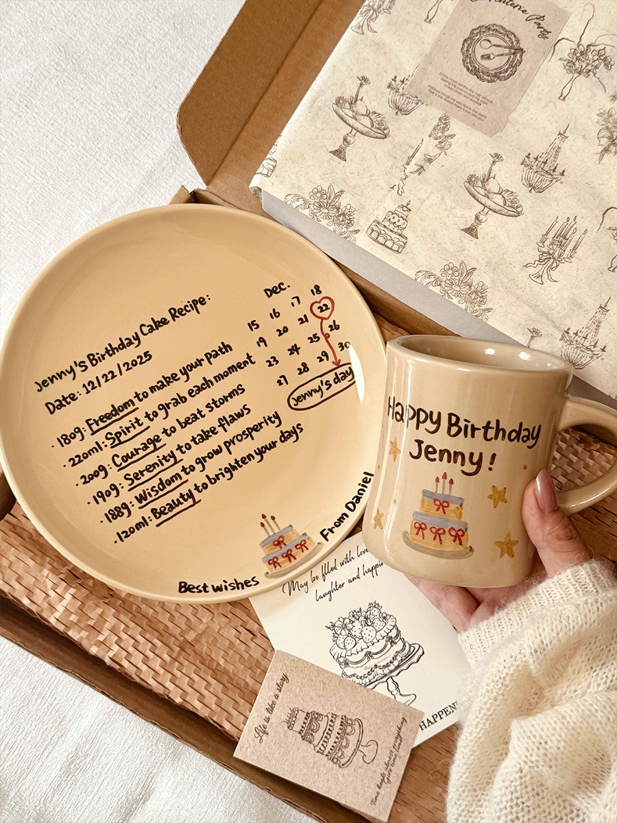 Vintage Hand-Painted Cream Ceramic Plate & Mug Set - Personalized Birthday Gift with Historic News or Movie Quotes
