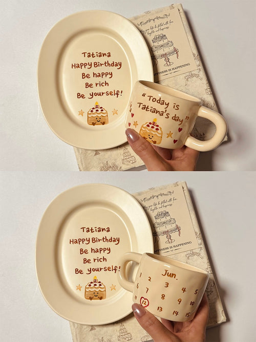 Custom Hand-Painted Ceramic Plate & Coffee Mug Set - Personalized Birthday Keepsake Gift