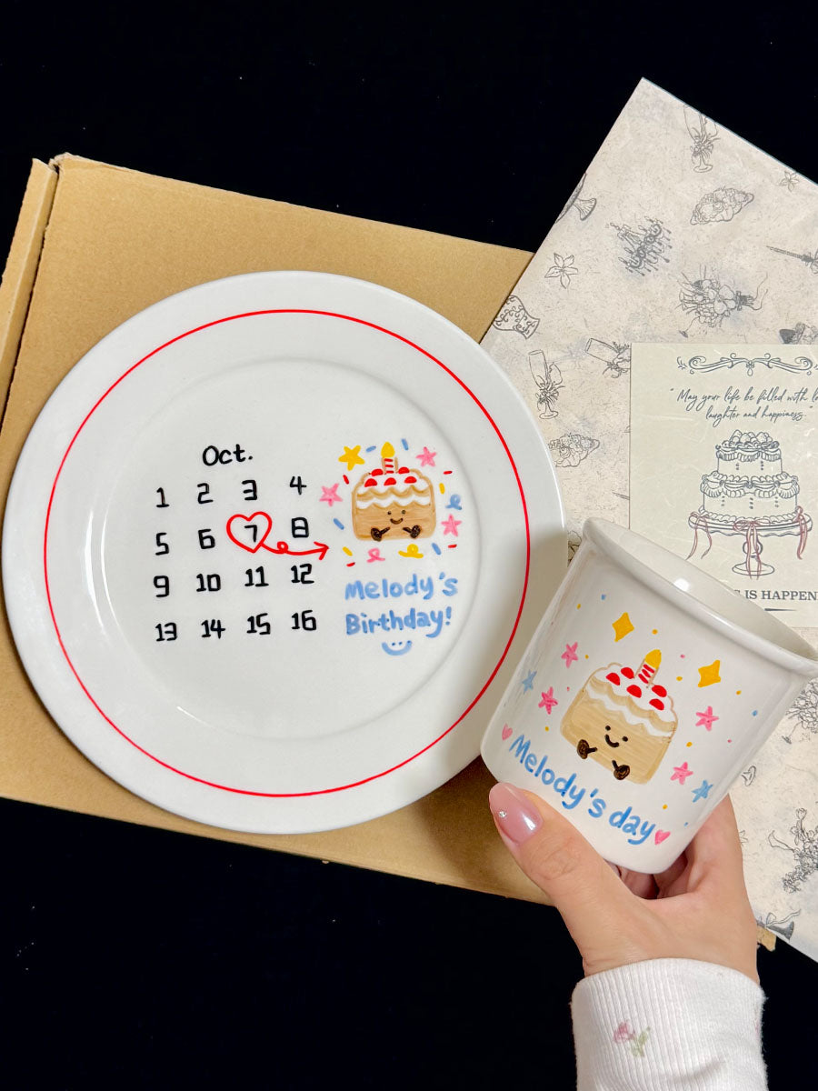 Custom Hand-Painted Ceramic Plate & Coffee Mug Set - Personalized Colorful Birthday Gift