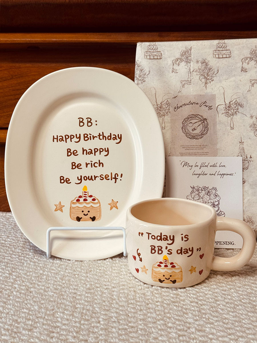 Custom Hand-Painted Ceramic Plate & Coffee Mug Set - Personalized Birthday Keepsake Gift