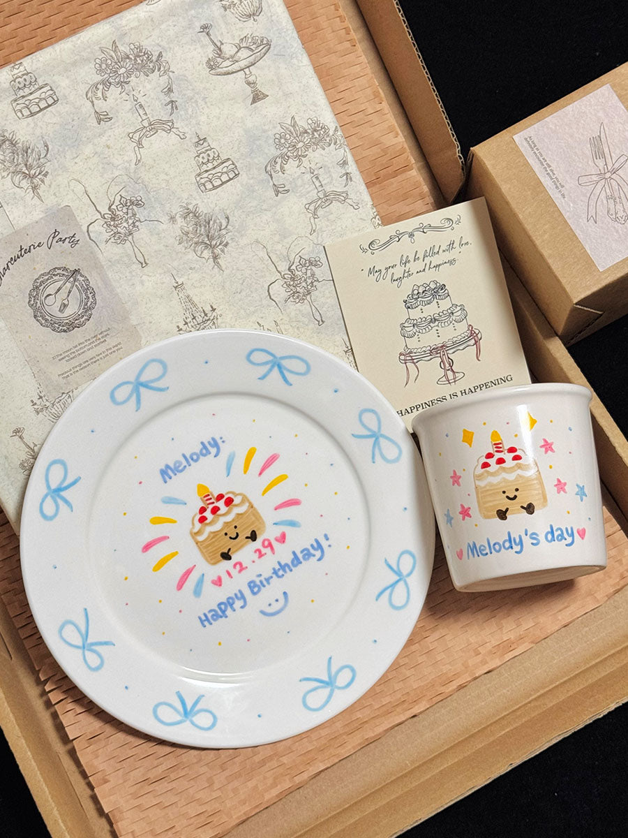 Custom Hand-Painted Ceramic Plate & Coffee Mug Set - Personalized Colorful Birthday Gift