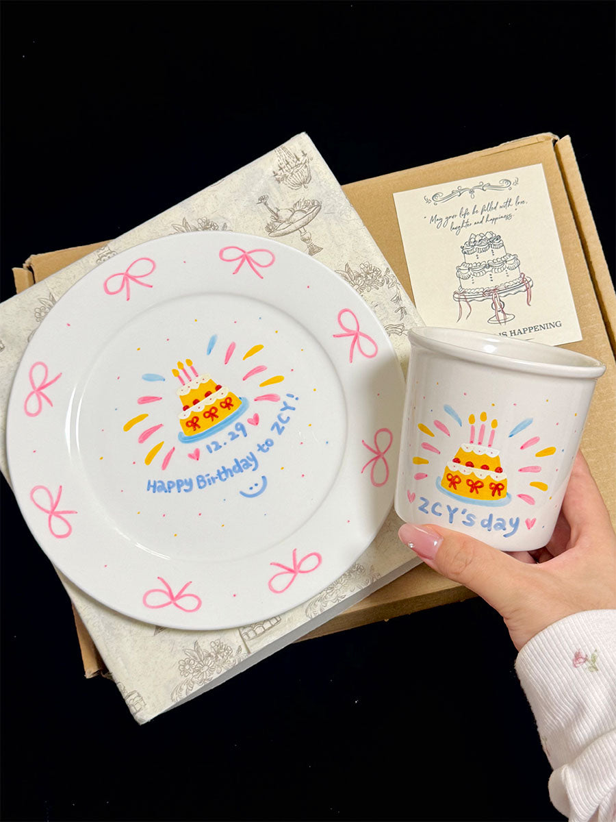 Custom Hand-Painted Ceramic Plate & Coffee Mug Set - Personalized Colorful Birthday Gift