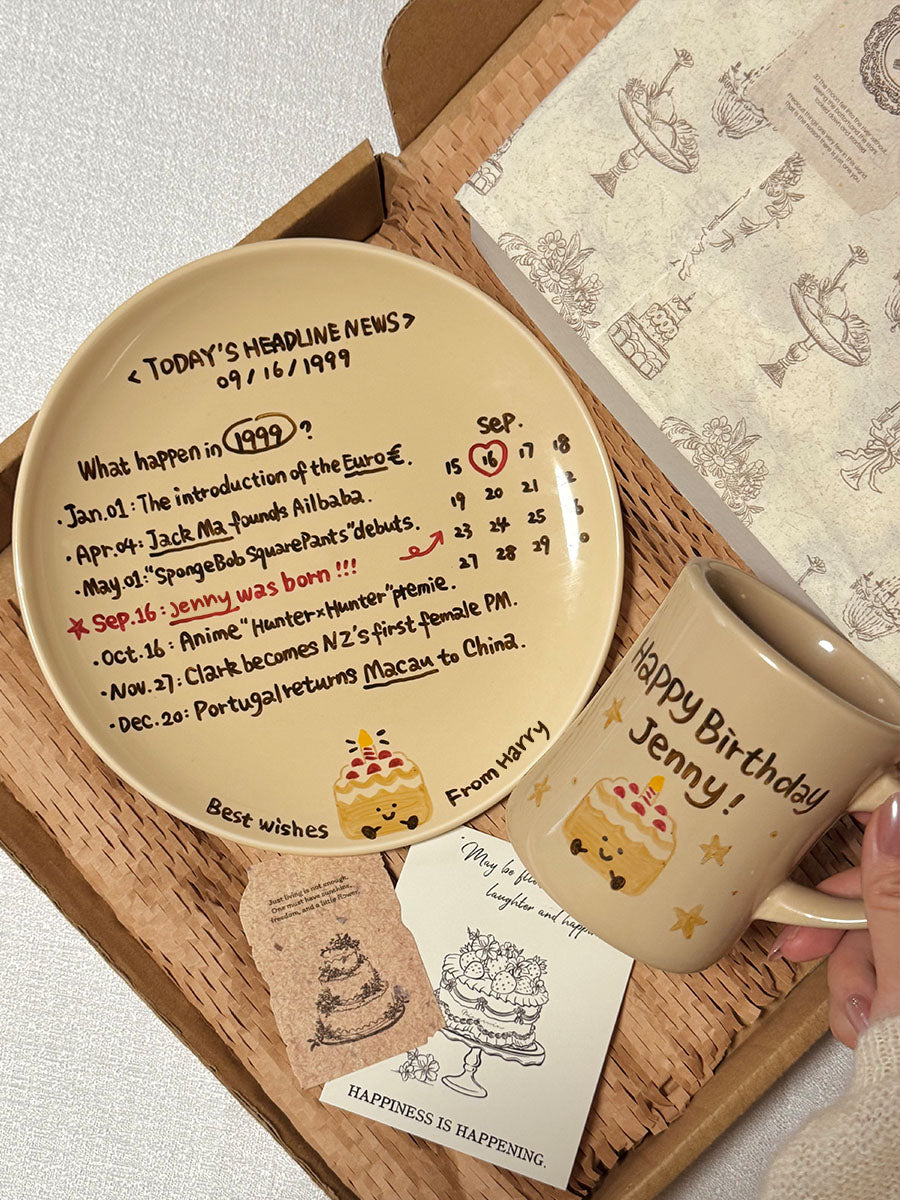 Vintage Hand-Painted Cream Ceramic Plate & Mug Set - Personalized Birthday Gift with Historic News or Movie Quotes
