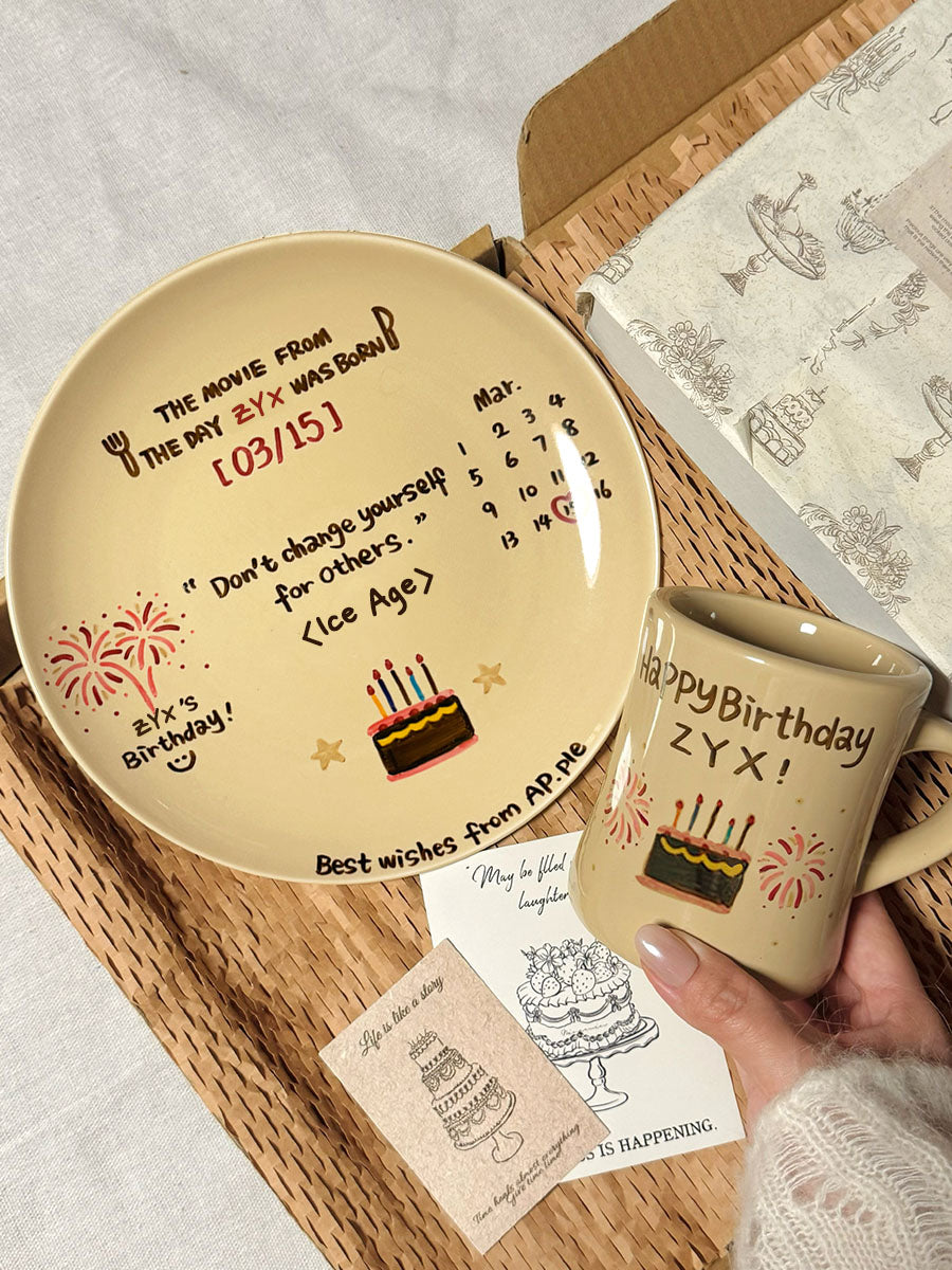 Vintage Hand-Painted Cream Ceramic Plate & Mug Set - Personalized Birthday Gift with Historic News or Movie Quotes