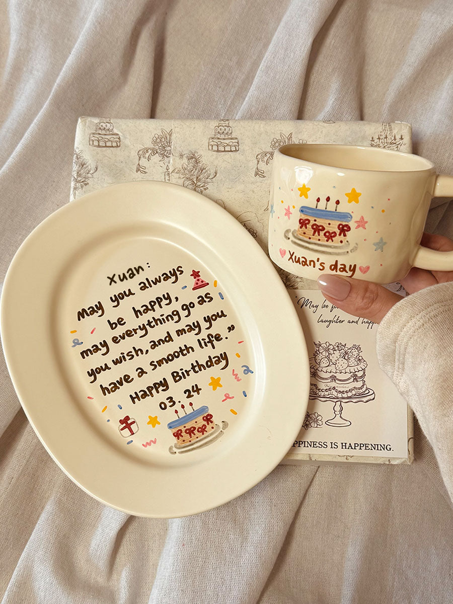 Custom Hand-Painted Ceramic Plate & Coffee Mug Set - Personalized Birthday Keepsake Gift