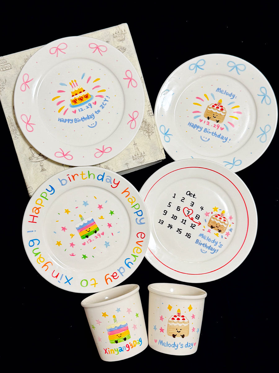 Custom Hand-Painted Ceramic Plate & Coffee Mug Set - Personalized Colorful Birthday Gift